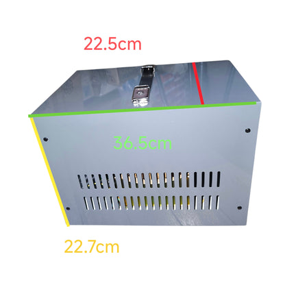 Metal box with dimensions labeled on a white background
