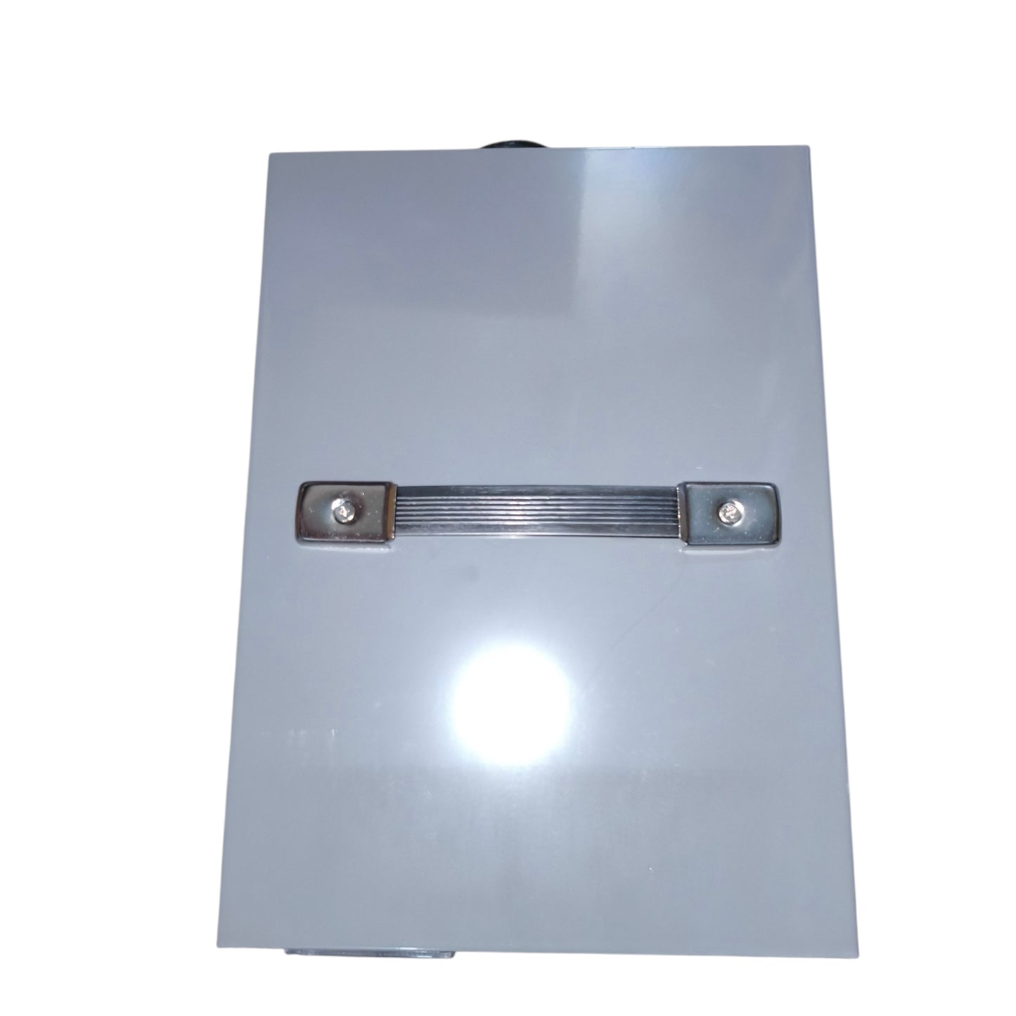 Metallic object with a central bar and two attachments on a white background