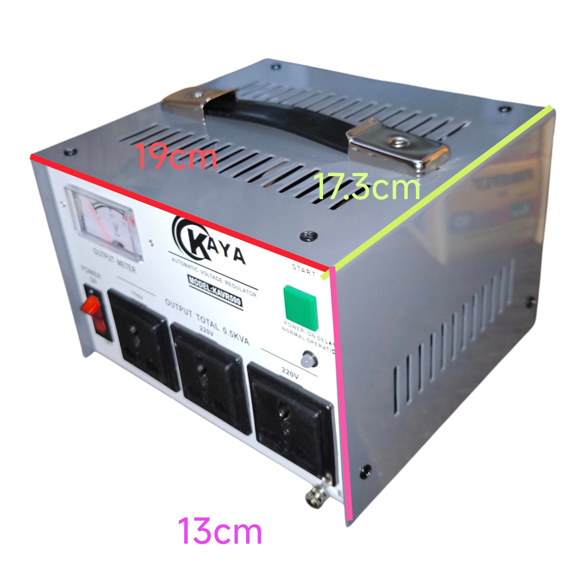 Power inverter with dimensions labeled on a white background