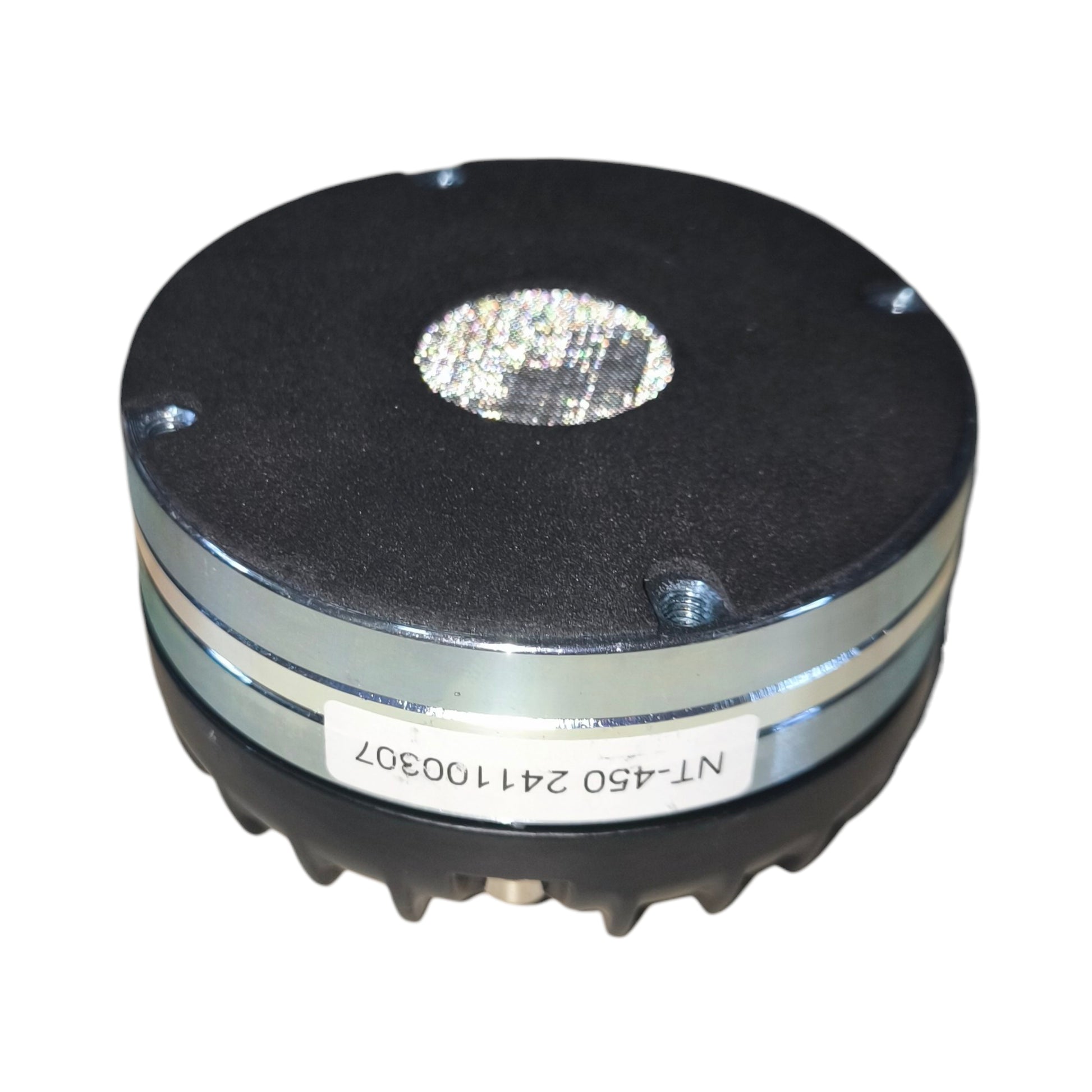 Round metal component with black and silver finish on a white background