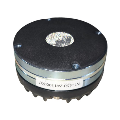 Round metal component with black and silver finish on a white background