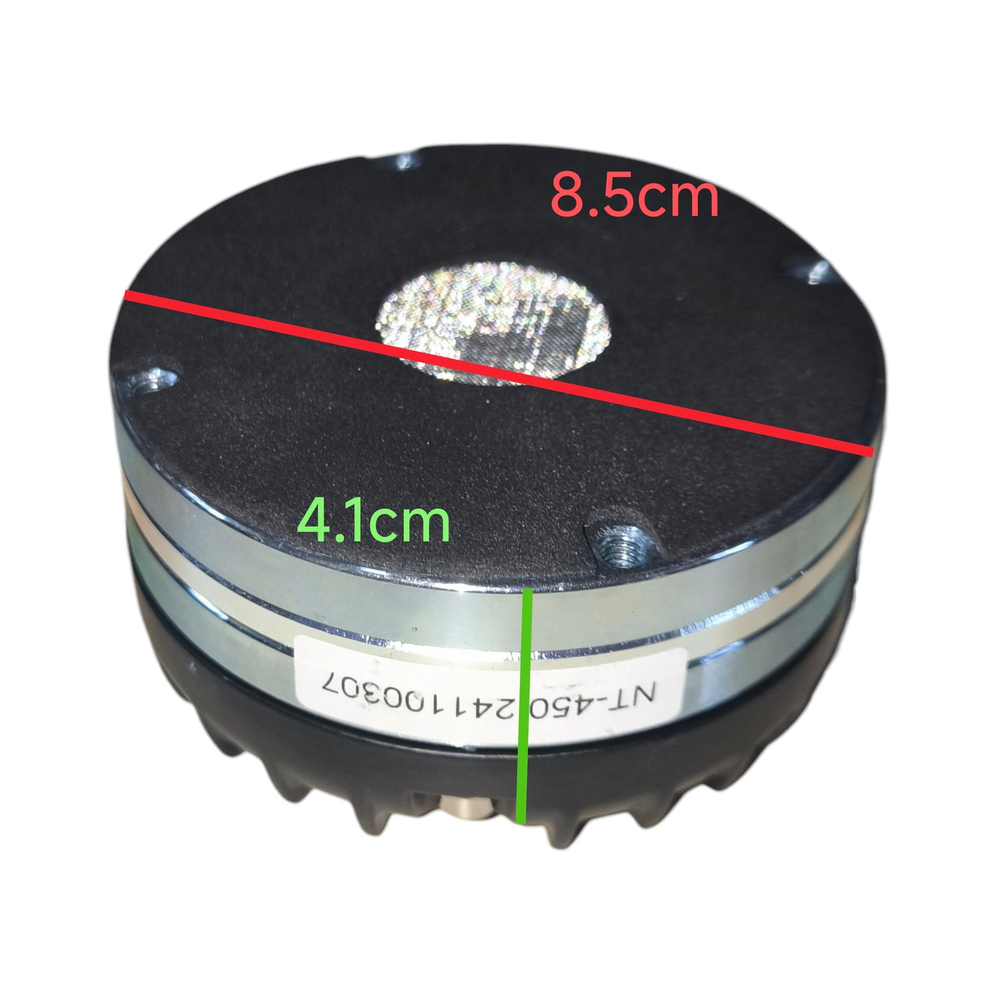 Speaker driver with dimensions labeled on a white background