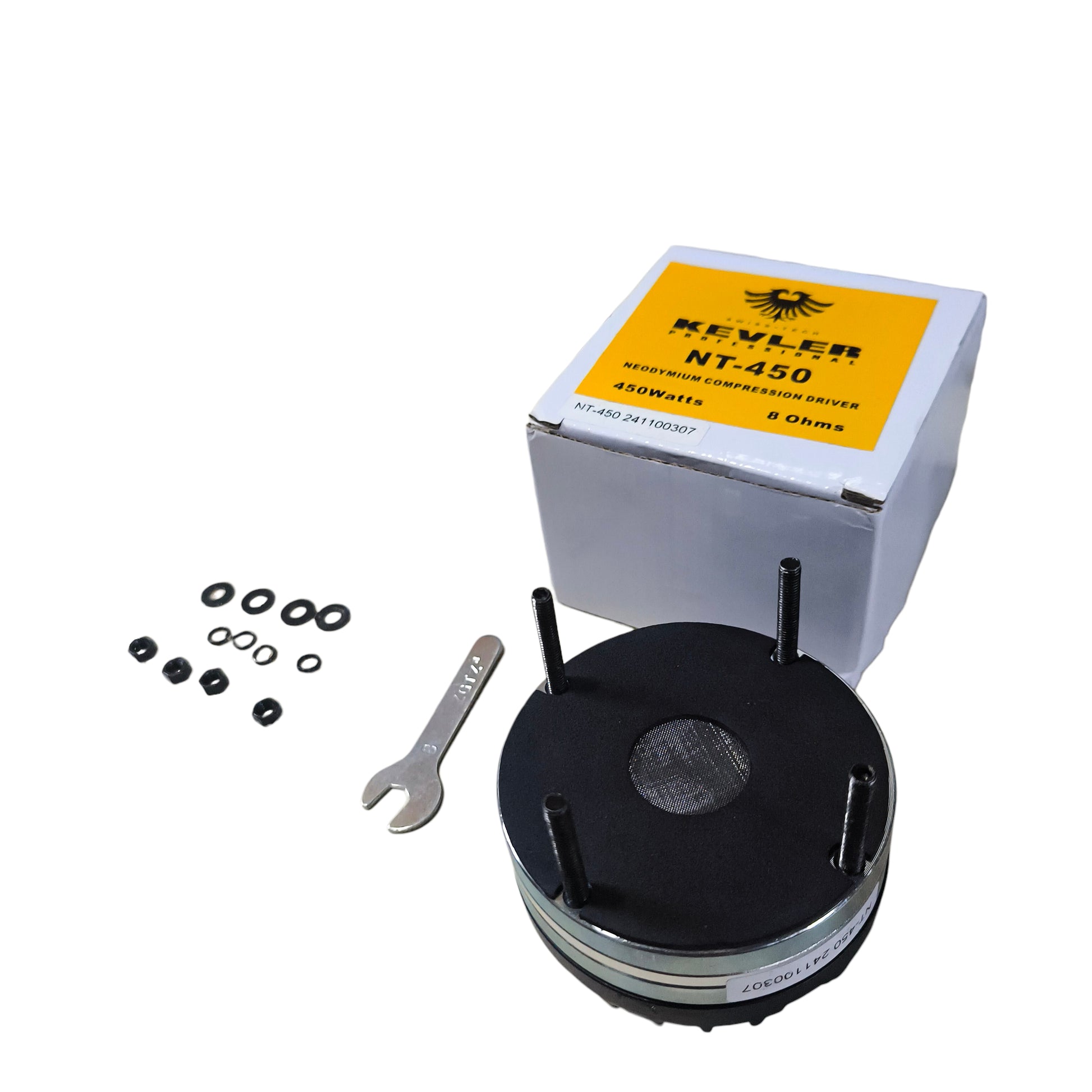 Kevler NT-450 compression driver with packaging, washer, wrench, and gaskets on a white background