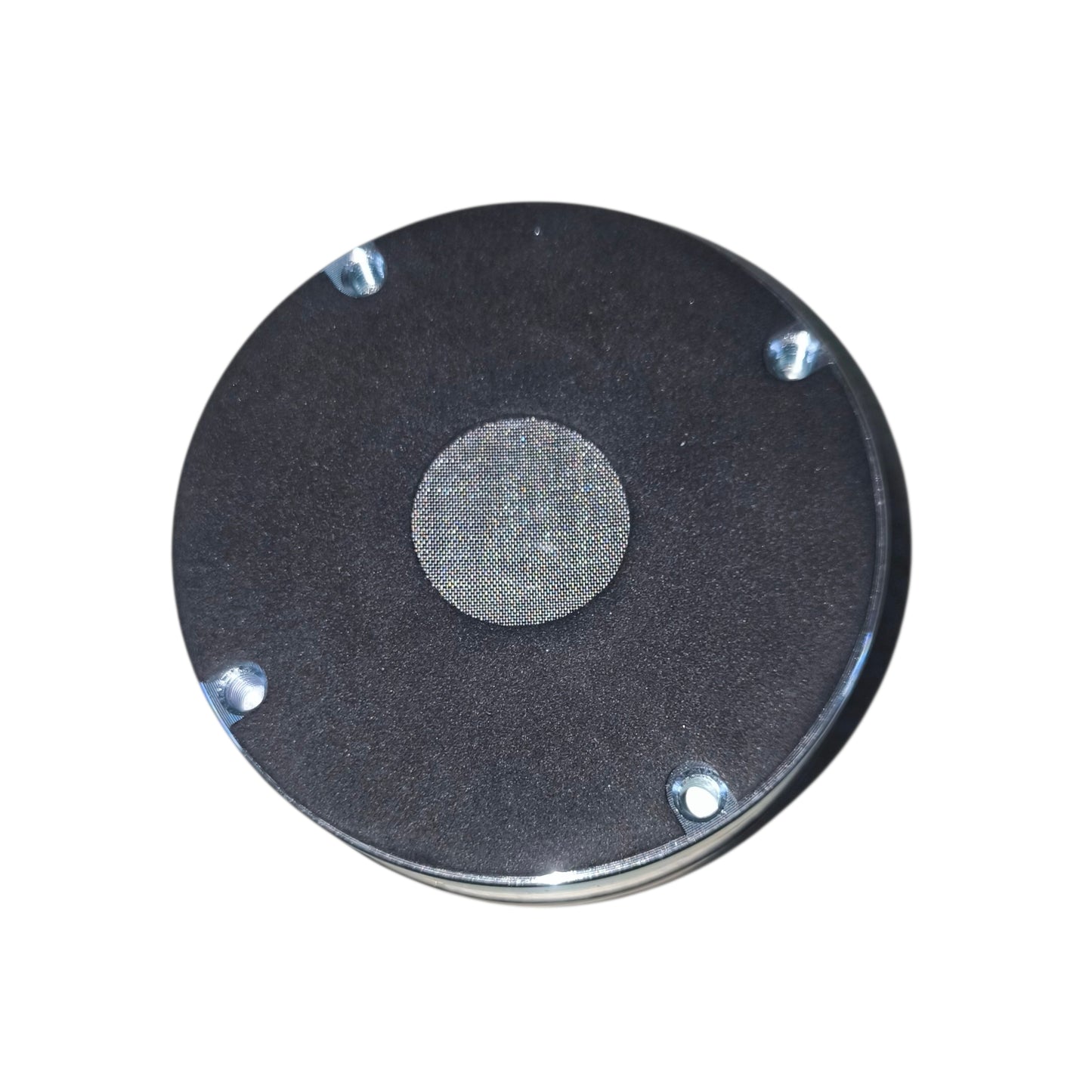 Round metallic object with central circular component on a white background
