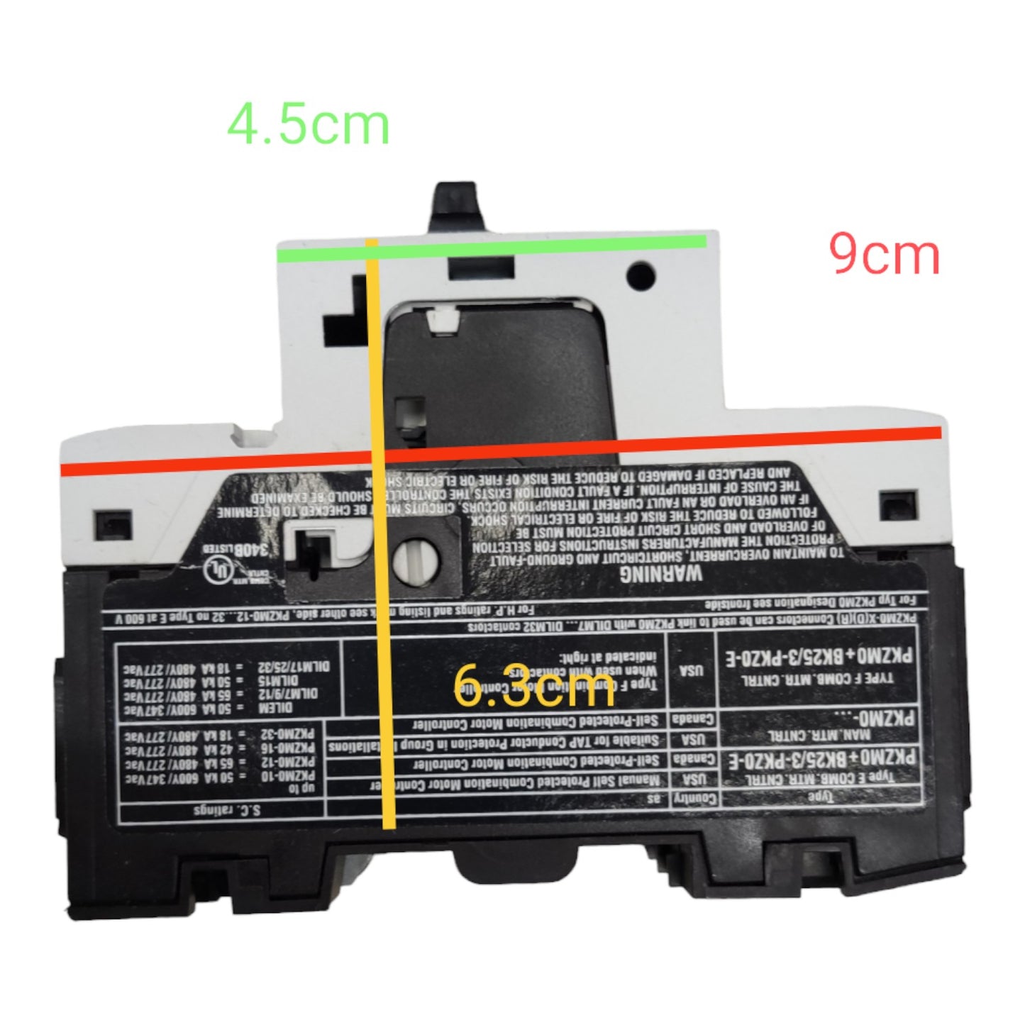 Electrical component with dimensions labeled on a white background