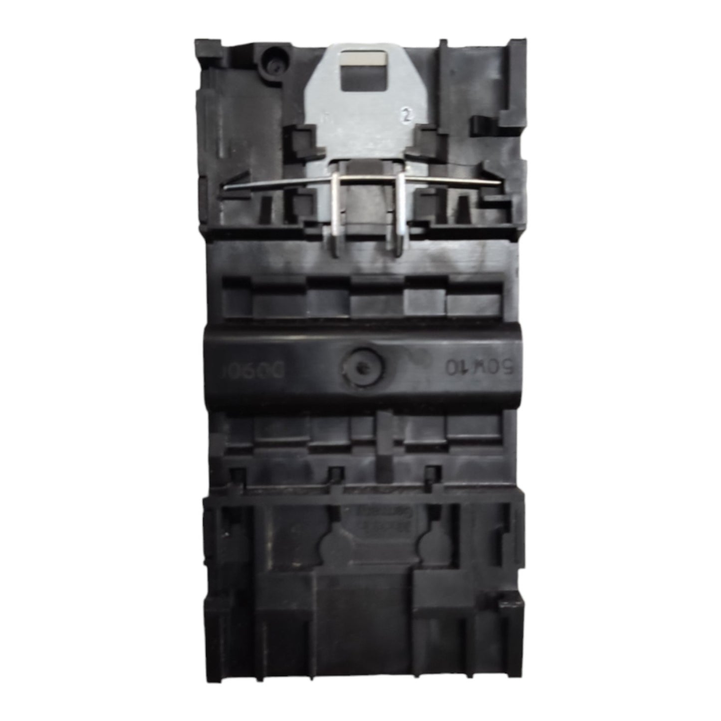 Black electrical breaker on a white background