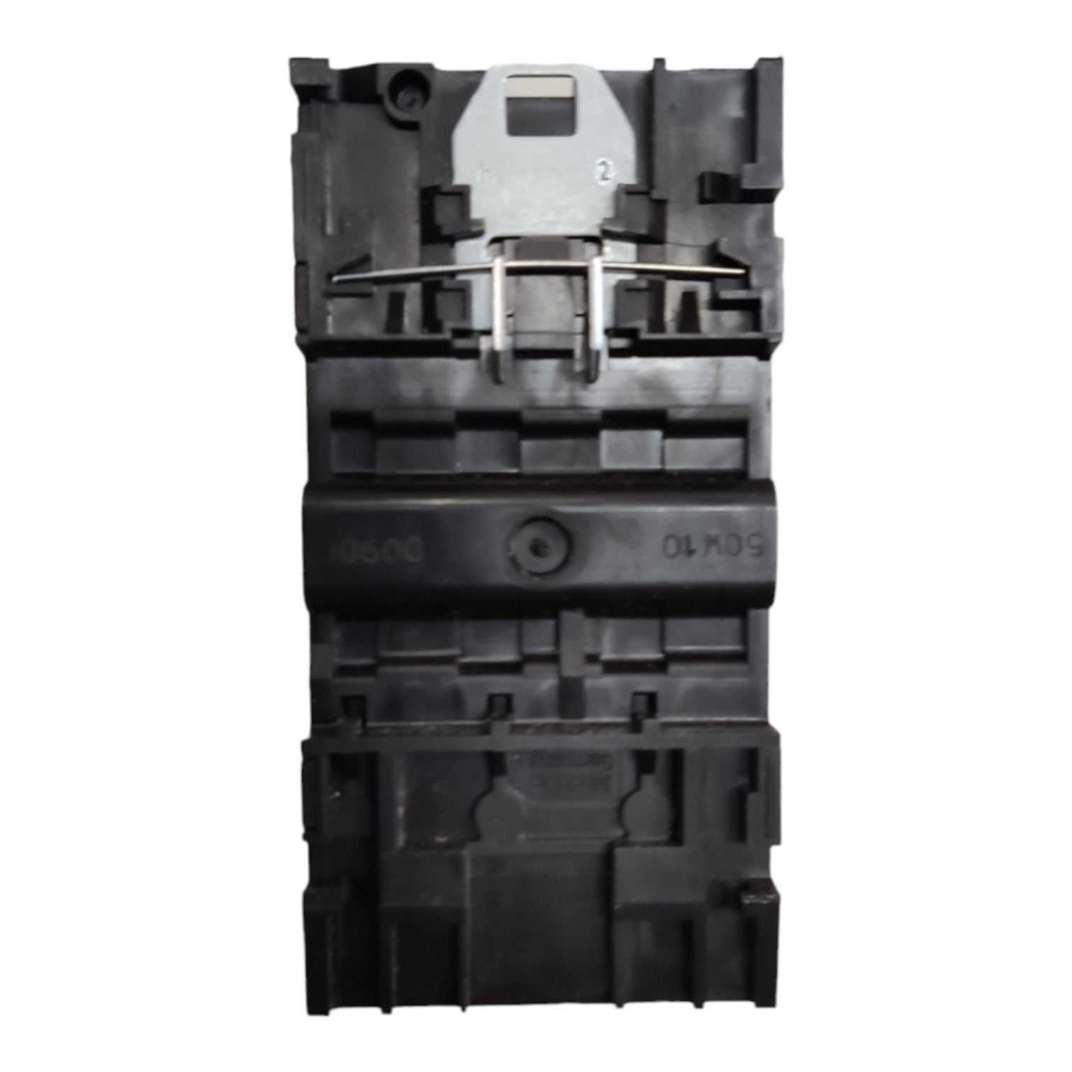Black electrical breaker on a white background
