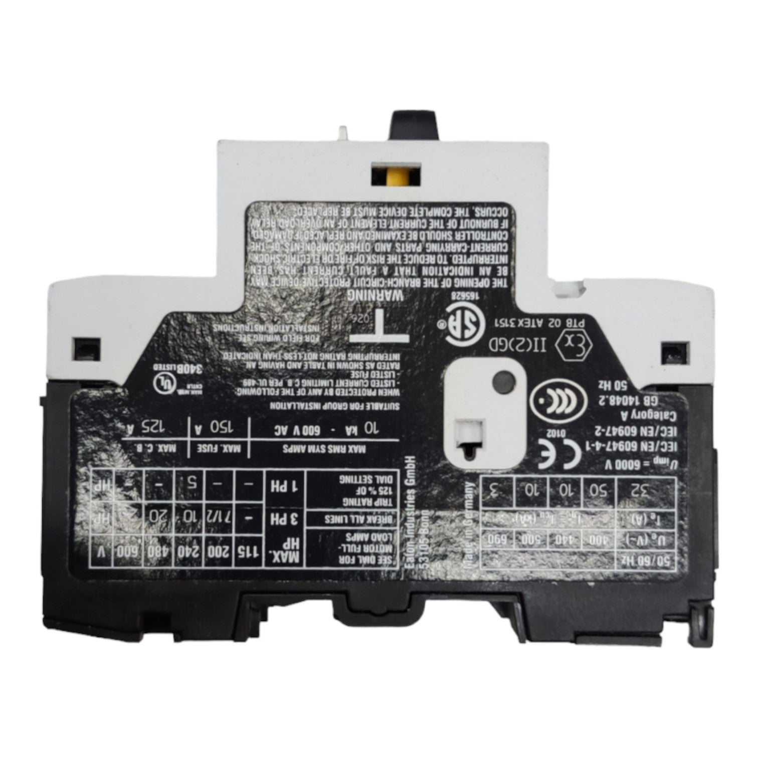 Electrical circuit breaker with labels and certifications on a white background