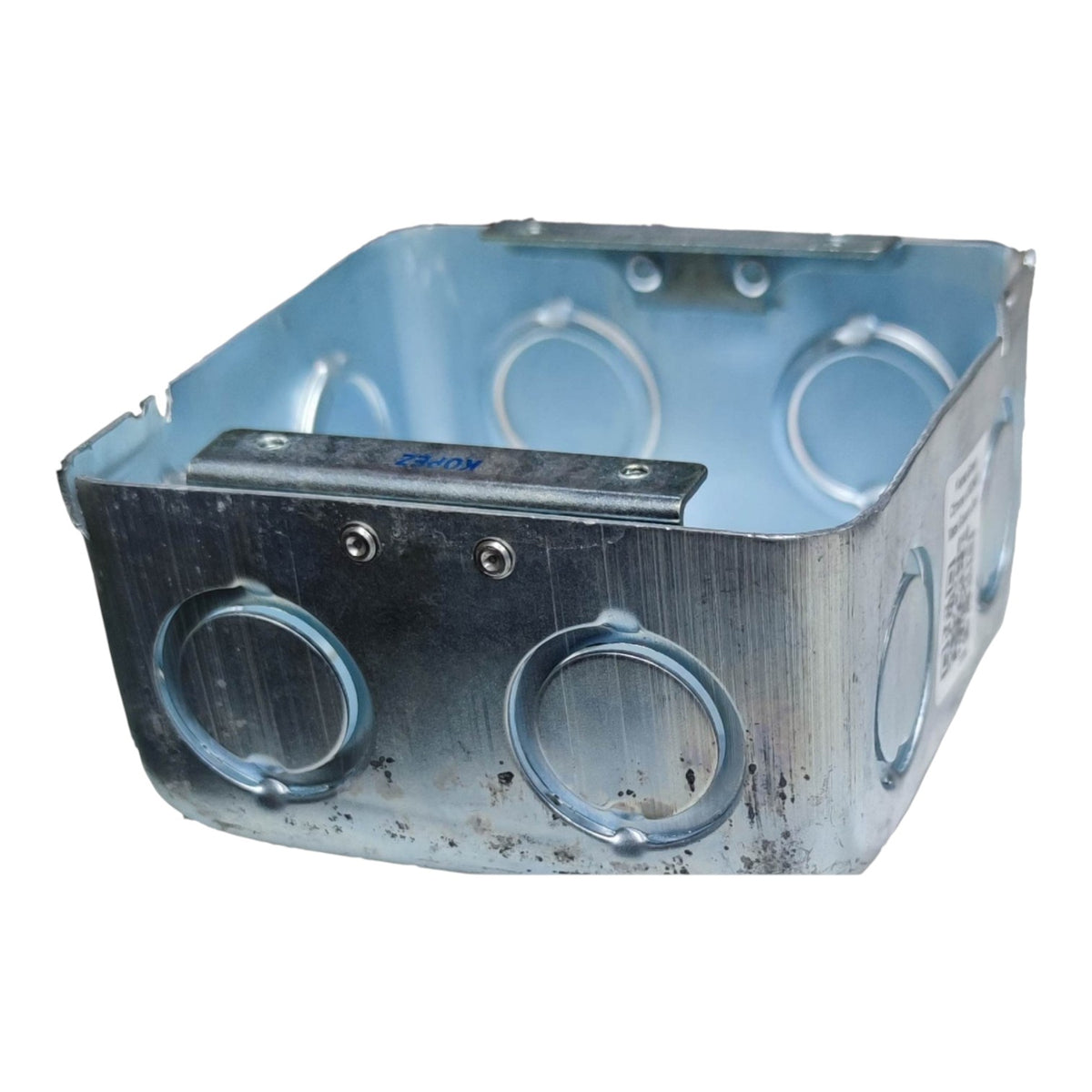 A galvanized steel electrical junction box with circular terminal holes and a mounting bracket, shown on a plain white background.