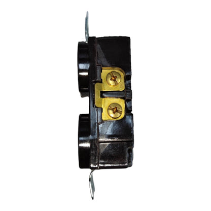 A black electrical terminal block connector with two gold-colored screw terminals and metal wire leads, shown against a plain white background.