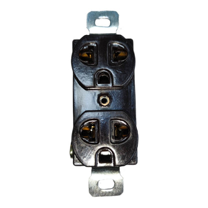 A double outlet electrical wall socket with a dark metallic finish and silver metal mounting tabs at the top and bottom, shown against a plain white background.