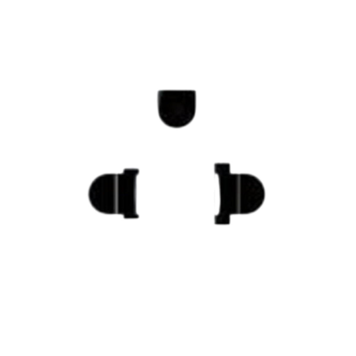 Three black electrical plug components arranged symmetrically on a plain white background.