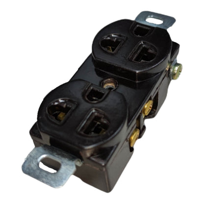 A black double outlet electrical duplex outlet with metal mounting tabs and brass screws, shown on a plain white background.