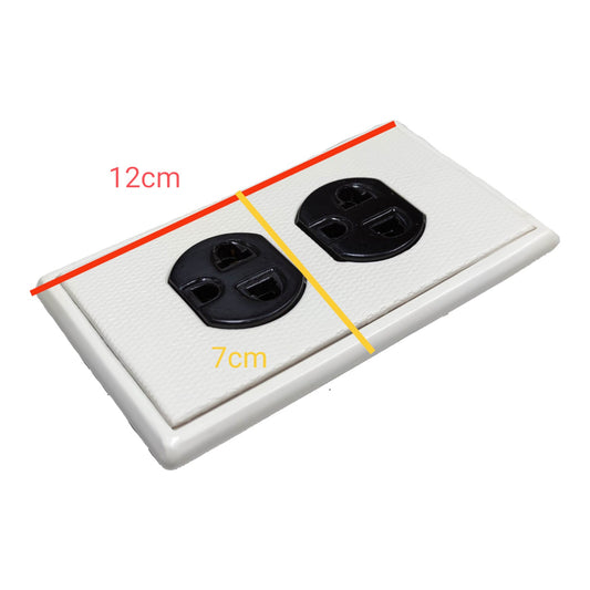 A white double electrical outlet cover plate with black outlets, shown on a white background with red and yellow dimension lines indicating 12cm by 7cm measurements.