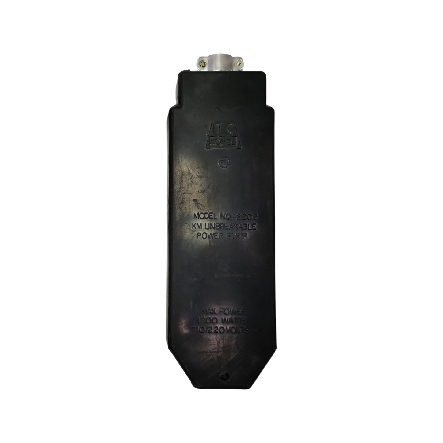 Black metal component with visible branding on a white background