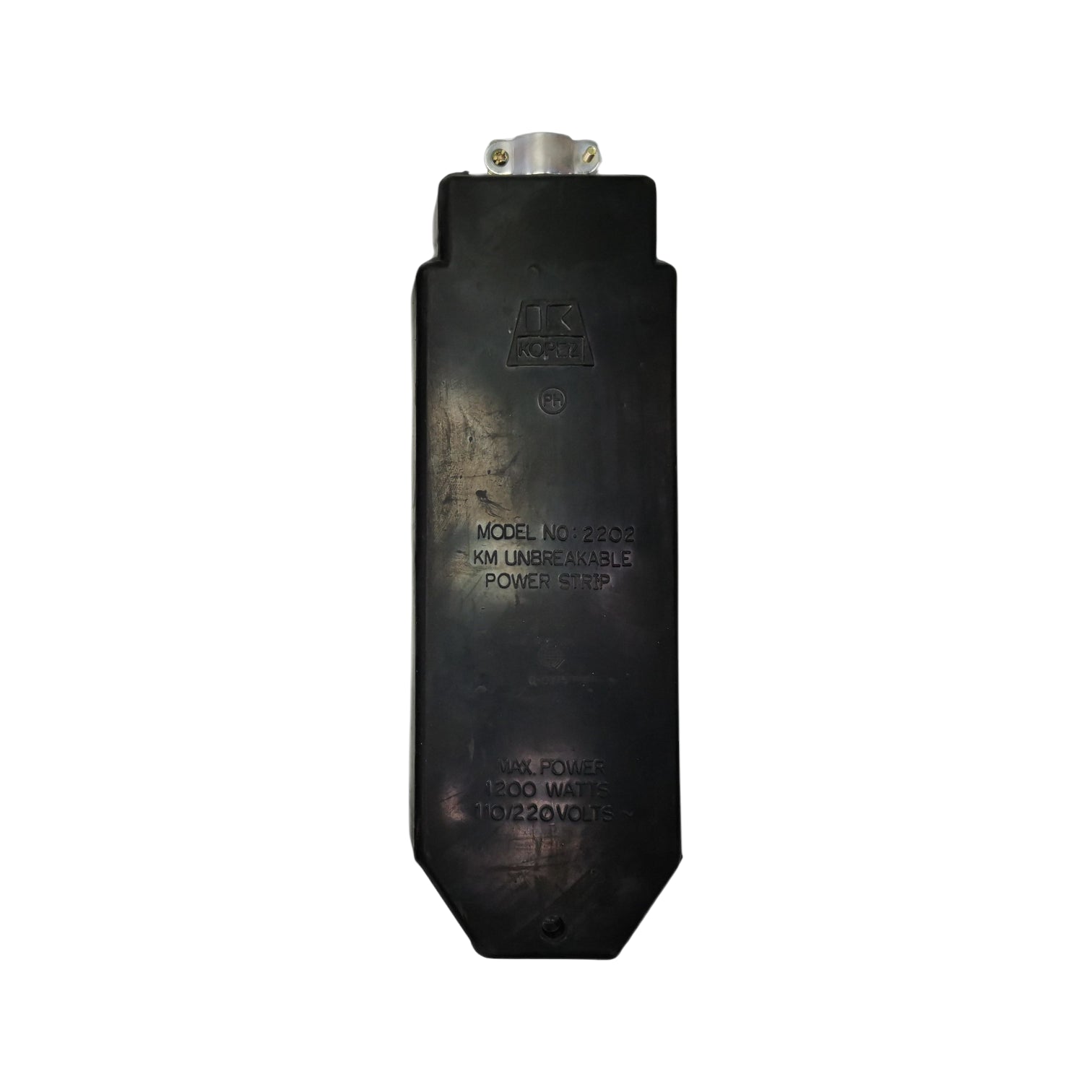 Black metal component with visible branding on a white background