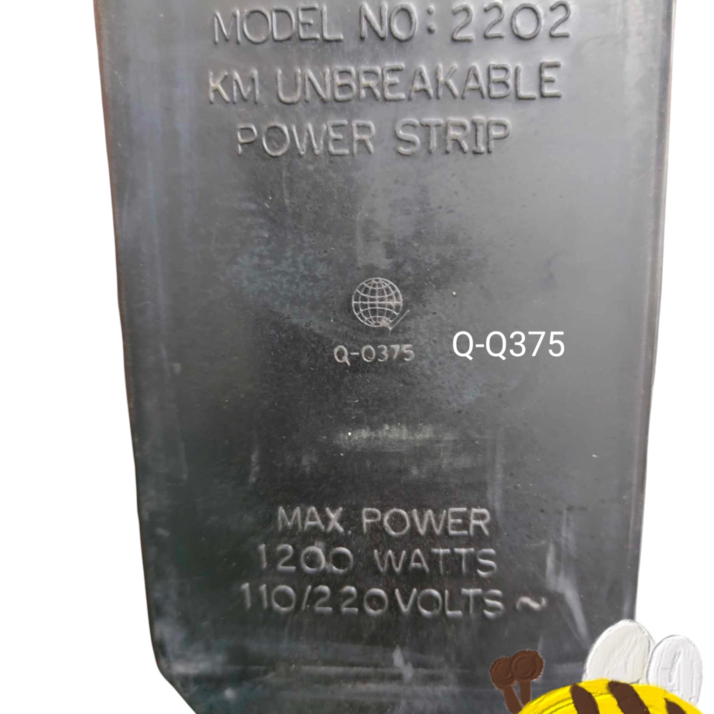 Back view of a power strip with model number and specifications