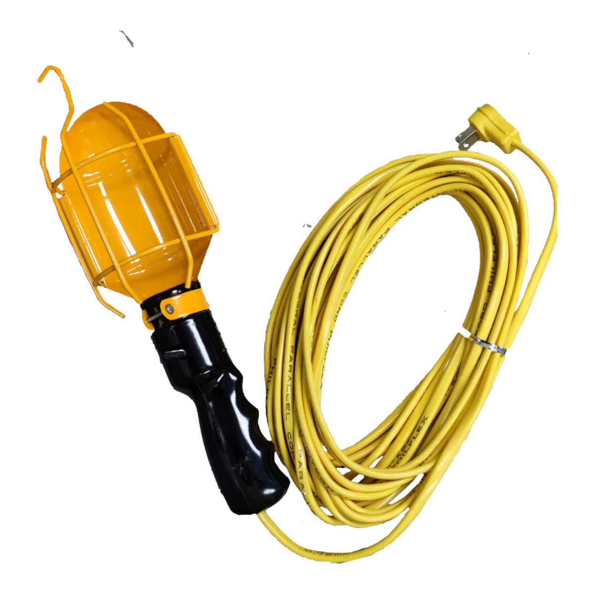 A yellow industrial work light with a black handle and a coiled yellow power cord, shown on a plain white background.