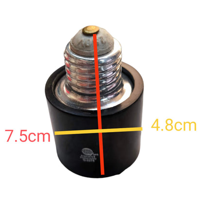 A black cylindrical lamp base or socket with a silver threaded top, shown on a white background with red and yellow dimension lines and text indicating 7.5cm and 4.