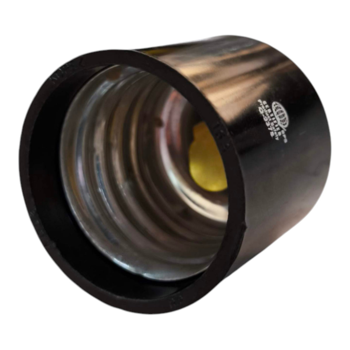 A black cylindrical connector or adapter with a reflective metallic interior and a small white printed logo on the side, shown on a plain white background.