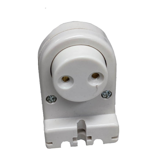 A white plastic electrical outlet adapter with two screw terminals and a mounting tab at the bottom, shown against a plain white background.