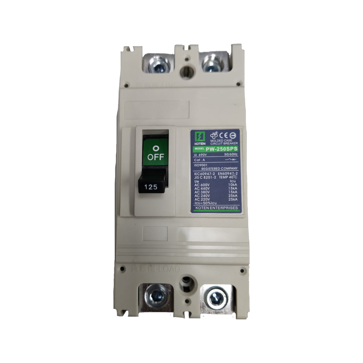 Electrical circuit breaker with labels and indicators on a white background