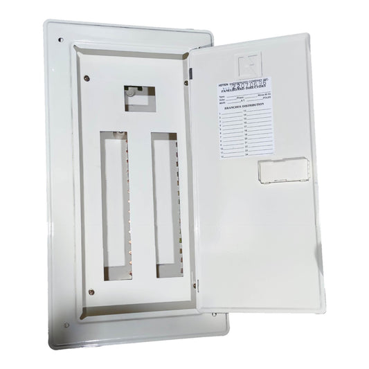 White electrical panel with open door on a white background Koten 12 Branches Panel Board 2 Pole Main 2 Pole Branches for Miniature Circuit Breaker KTM1-2P12B Flush Mounted Type Metal Base Electx Electrical Supply