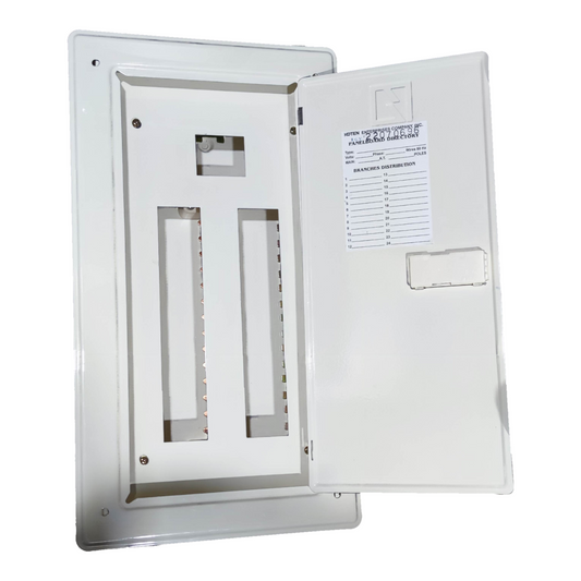 White electrical panel with open cover on a white background Koten 14 Branches Panel Board 2 Pole Main and 2 Pole Branches For Miniature Circuit Breaker KTM1-2P14B Flush Mounted Type Metal Base Electx Electrical SUpply