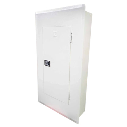 A white electrical distribution cabinet with a front door, hinge, and a small black label, shown at an angle on a white background.