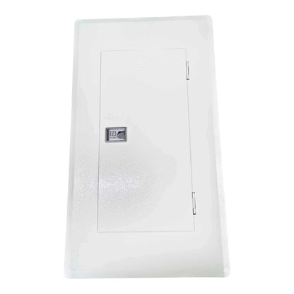 A white electrical distribution board or control panel enclosure with a textured door, hinge details, and a small lock, shown on a plain white background.