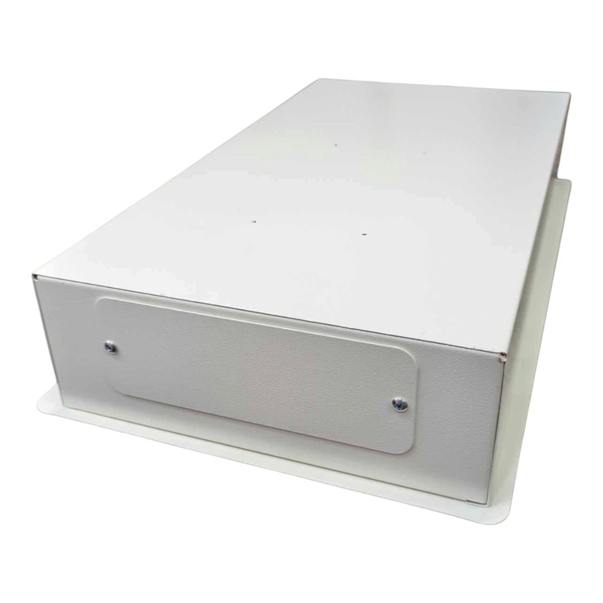 A white rectangular metal electrical junction box with a front mounting plate secured by two silver screws, shown on a plain white background.
