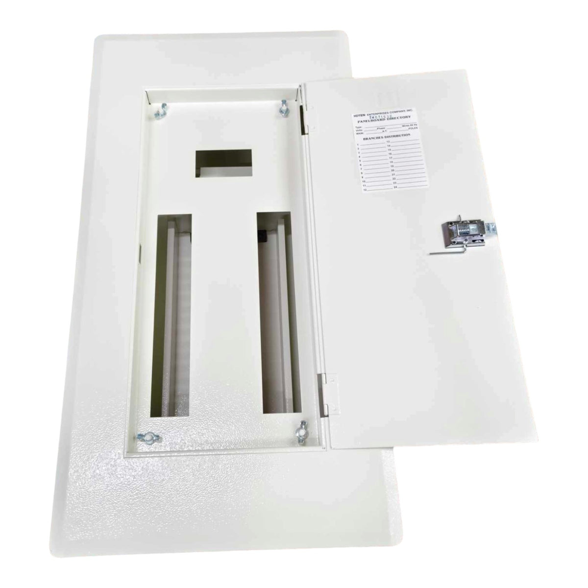 A white electrical distribution box or panel with its front door open, showing two vertical terminal compartments and a small label on the inner door, photographed on a plain white background.