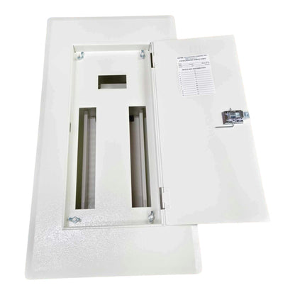 A white electrical distribution box or panel with its front door open, showing two vertical terminal compartments and a small label on the inner door, photographed on a plain white background.