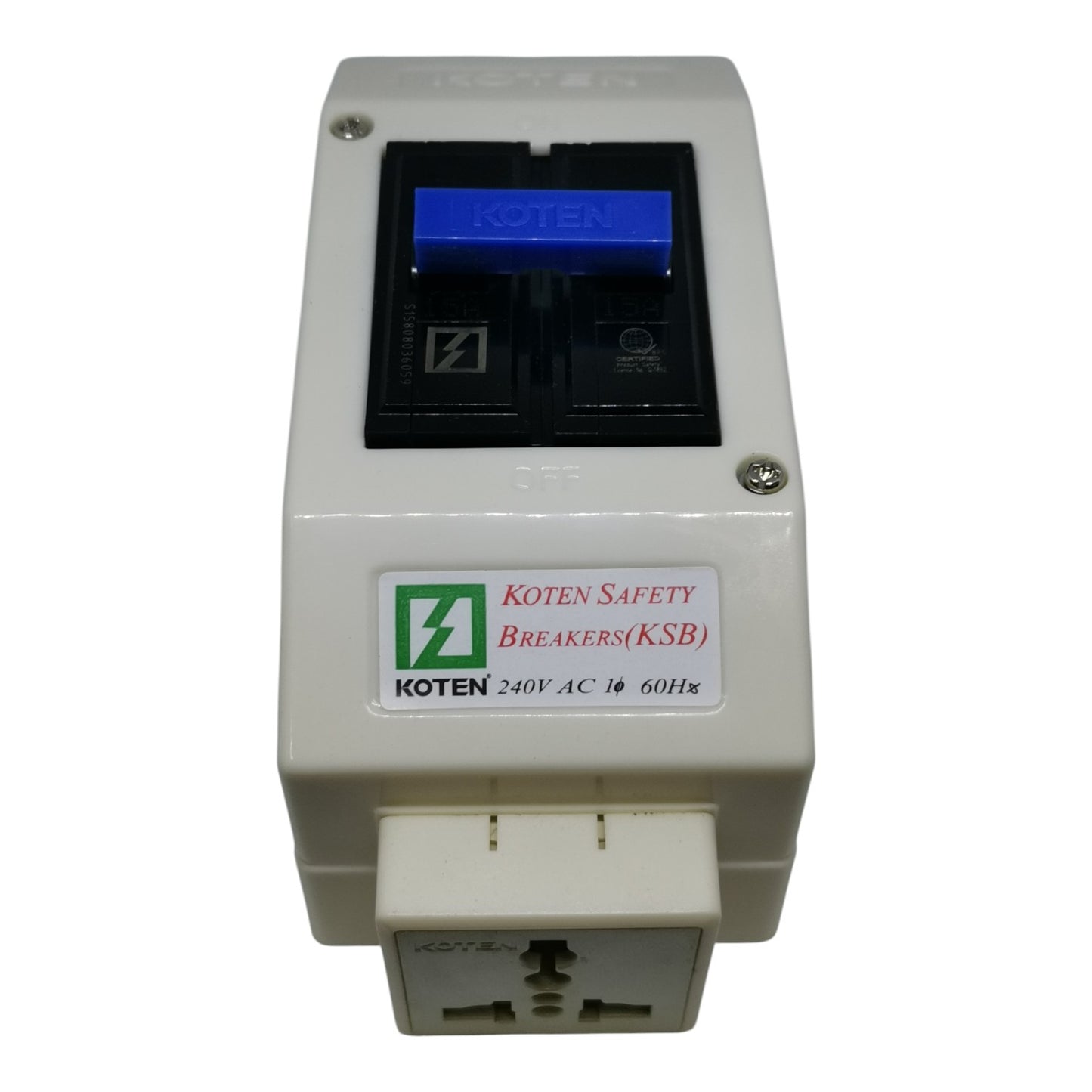 A Koten Safety Breakers (KSB) AC 240V 60Hz dual-pole circuit breaker module with a beige plastic housing, black front panel, and blue handle, shown on a white background.