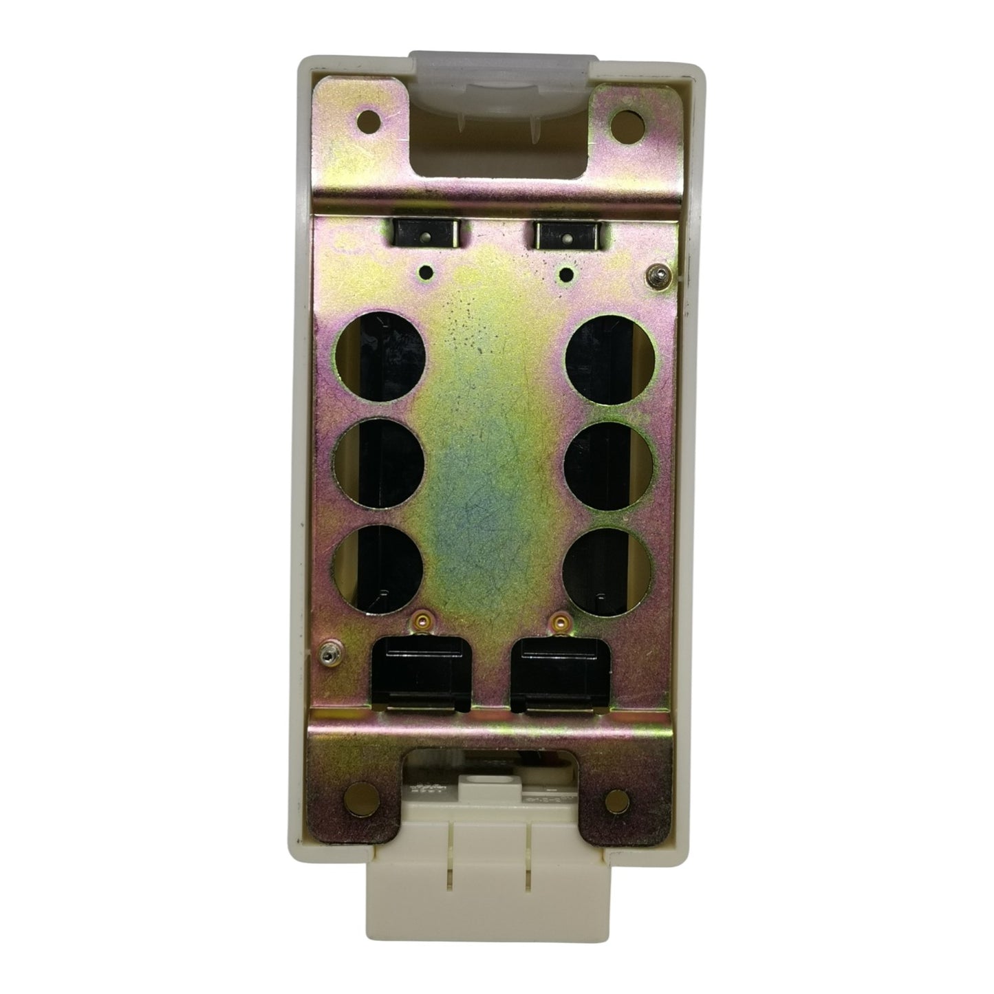 An industrial electrical terminal block or connector housing with a metallic backplate showing a gold/bronze iridescent finish, black screw terminals, and a beige plastic connector at the bottom, isolated on a white background.