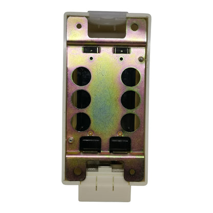 An industrial electrical terminal block or connector housing with a metallic backplate showing a gold/bronze iridescent finish, black screw terminals, and a beige plastic connector at the bottom, isolated on a white background.
