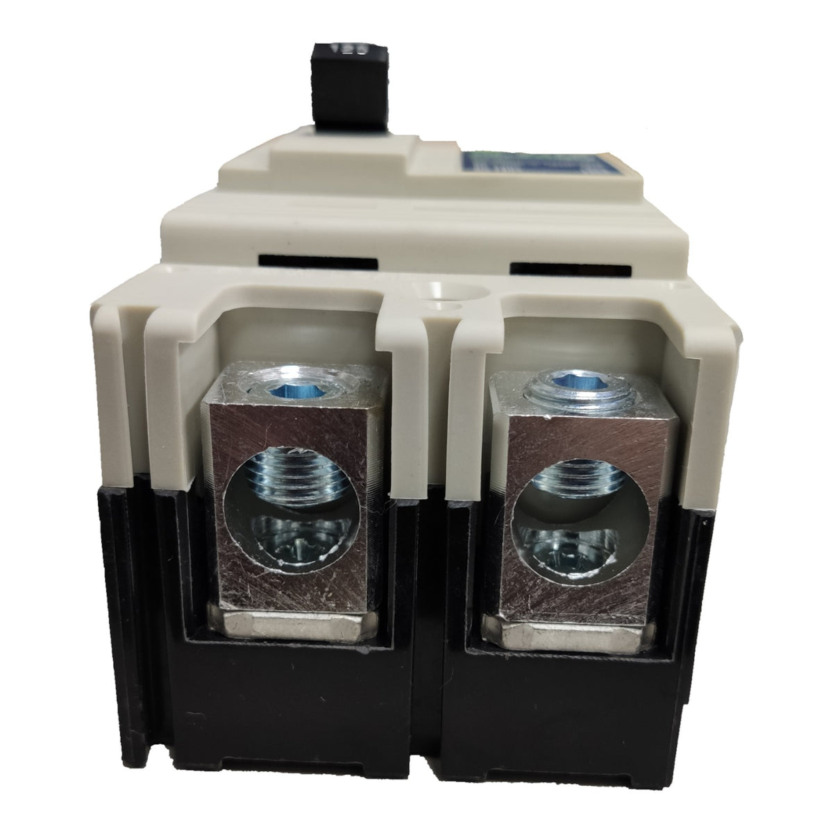 A two-terminal electrical connector or fuse holder with a beige plastic top housing, a black plastic base, and two silver metal screw terminals on a white background.