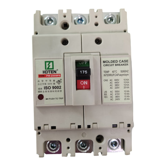 Koten 175A 3P Molded Case Circuit Breaker Three Phase MCCB Industrial Circuit Breaker 3 Pole Three Phase Circuit Breakers 25KAIC 250V PW-225SPS175A3P - front view