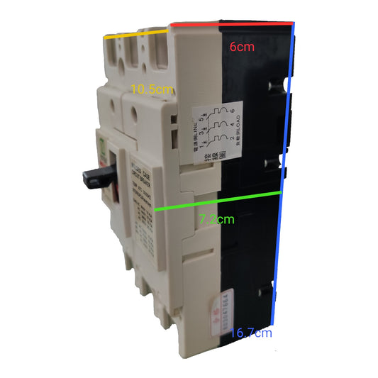 A beige and black electrical circuit breaker with overlaid dimension lines and text showing measurements in centimeters (6cm, 10.5cm, 6.