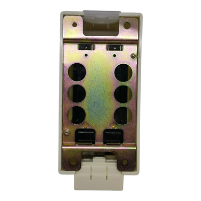 An industrial electrical terminal block or connector housing with a metallic backplate showing a gold/bronze iridescent finish, black screw terminals, and a beige plastic connector at the bottom, isolated on a white background.
