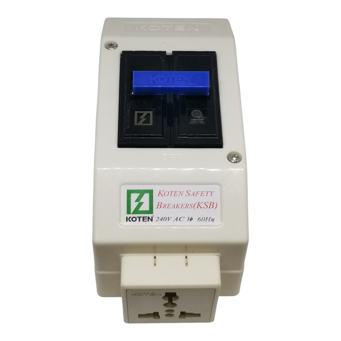 A Koten Safety Breakers (KSB) AC 240V 60Hz electrical switch unit with a cream-colored plastic housing, a black front panel, a blue switch handle, and a white brand label.