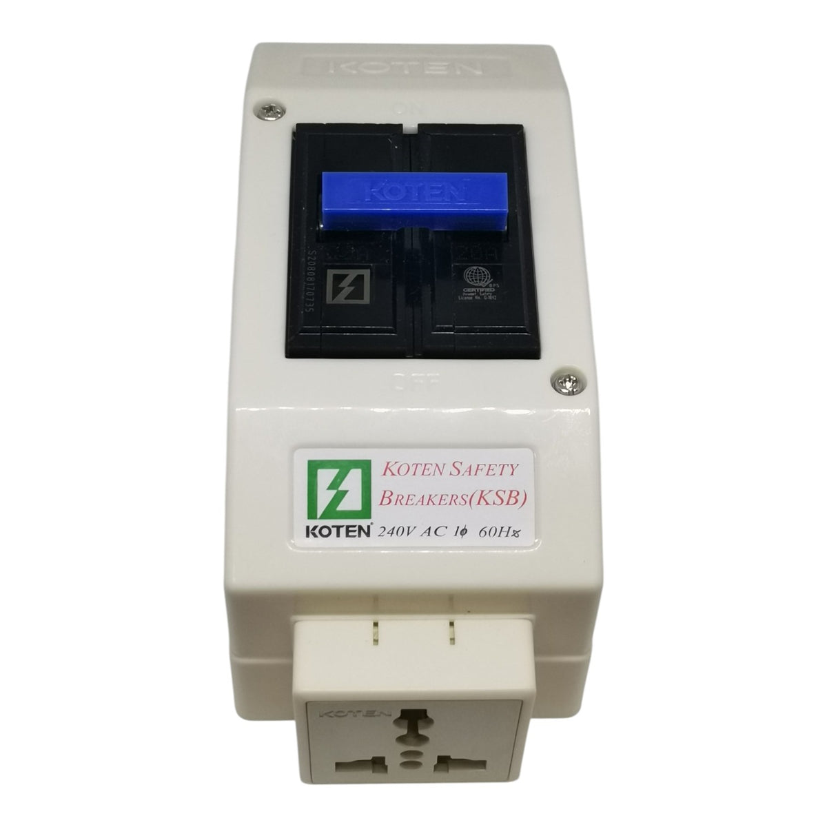 A Koten Safety Breakers (KSB) AC 240V 60Hz electrical switch unit with a cream-colored plastic housing, a black front panel, a blue switch handle, and a white brand label.