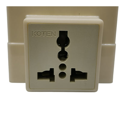 A cream-colored plastic Koten brand UK three-pin wall outlet plug adapter, shown against a plain white background.