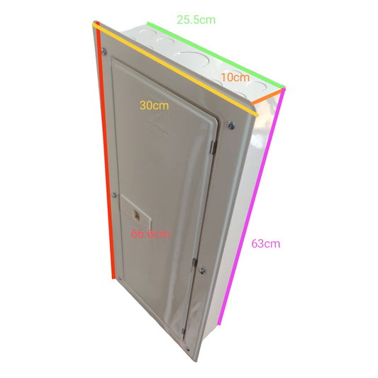 Rectangular metal box with dimensions labeled on a white background Koten 20 Branches Panel Board 2 Pole Main 2 Pole Branches for Miniature Circuit Breaker KTM1-2P20B Flush Mounted Type Metal Base Electx Electrical Supply