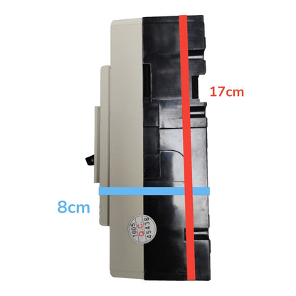 A side view of a compact electronic device with dimension annotations showing a height of 17cm, a width of 8cm, and a depth of 12.5cm (from the circular 1/4 inch 49-251 sticker).