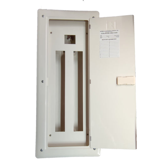 Beige electrical panel with open door on a white background Koten 22 Branches Panel Board 2 Pole Main 2 Pole Branches for Miniature Circuit Breaker KTM1-2P22B Flush Type Mounting Metal Base Electx Electrical Supply