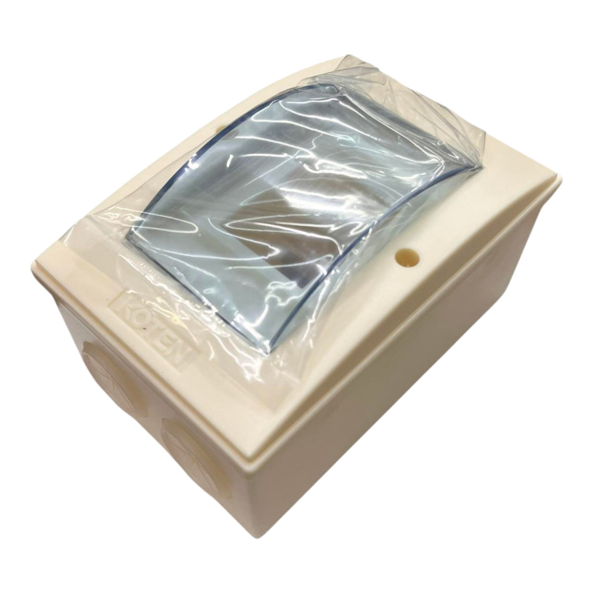 Beige plastic box with a clear plastic cover on a white background