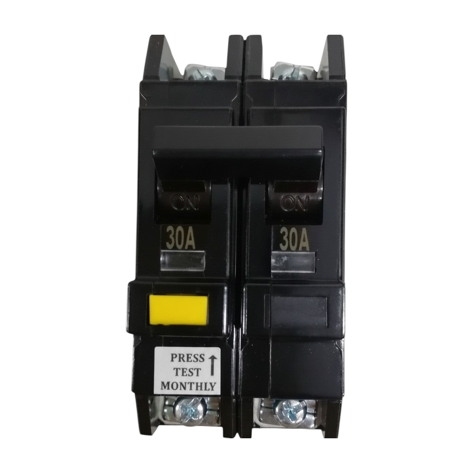Black electrical circuit breaker with 30A rating on a white background