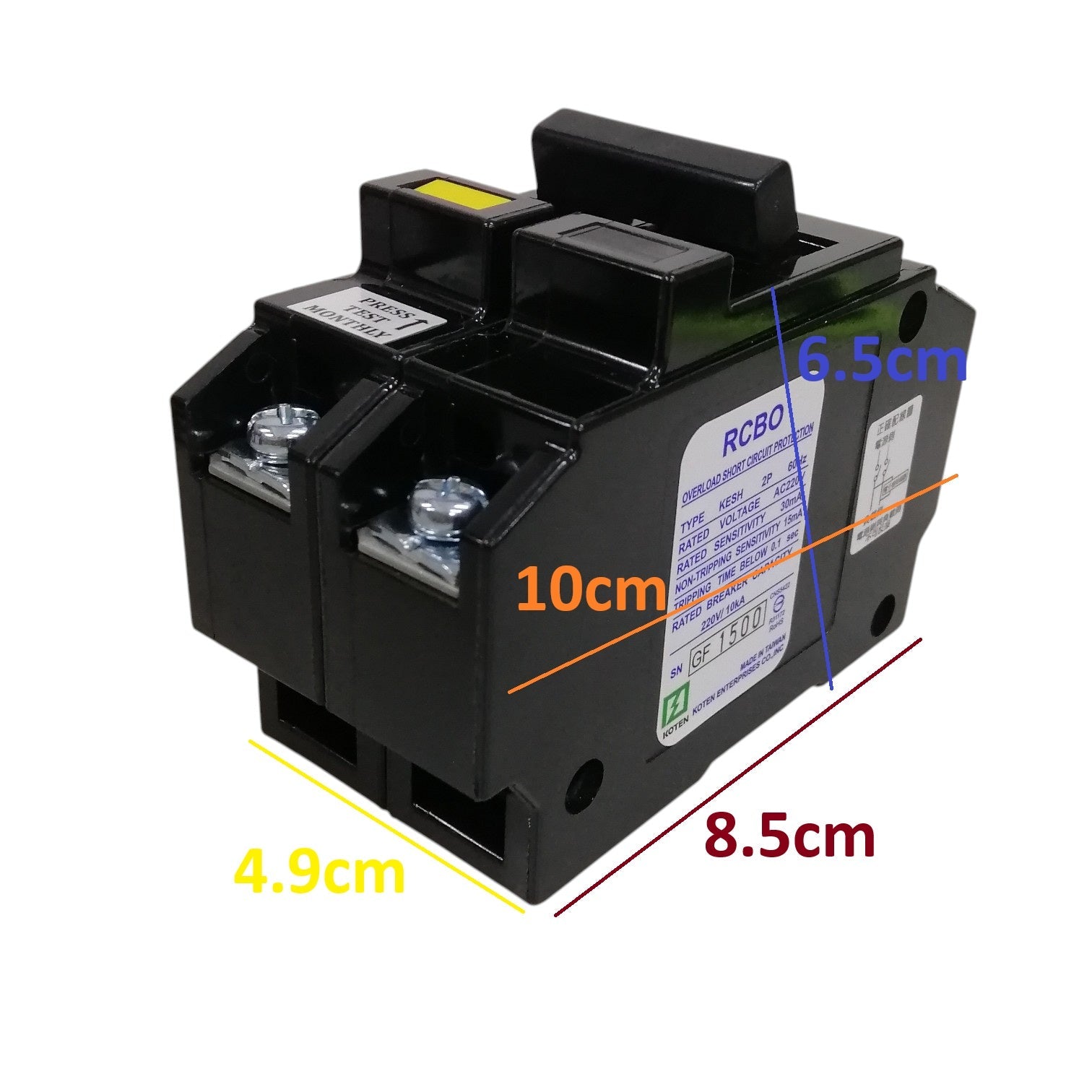 Black electrical component with dimensions labeled on a white background