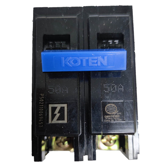 Black electrical circuit breaker with blue 'Koten' label on a white background Koten 50A 2 Pole 10KAIC 220V Circuit Breaker Single Phase Plug-in HPH-P50A2P For Safety Overload Easy Installation Electx Electrical Supply
